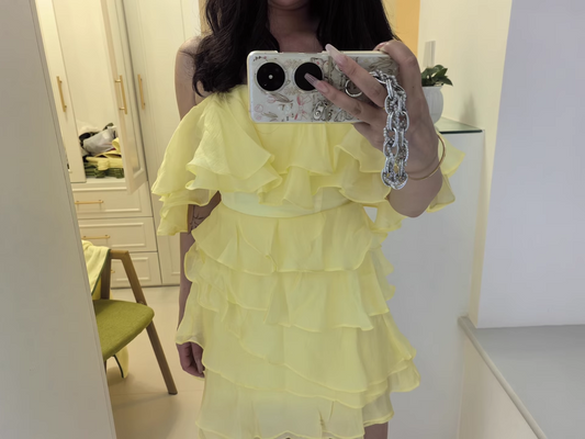 Fashion Yellow Strapless Ruffled Hem Design A-line Tiered Party Dresses Homecoming Dresses, TP3843