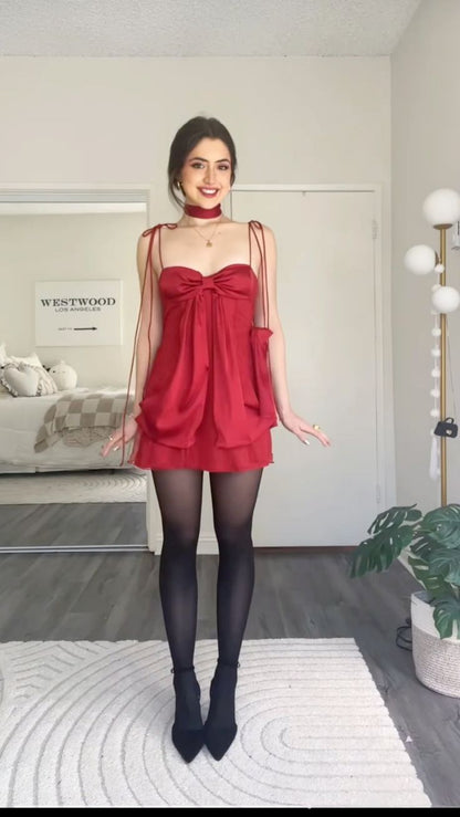 Red A Line Spaghetti Strap Bow Satin Backless Short Homecoming Dress Cocktail Dress SH3219