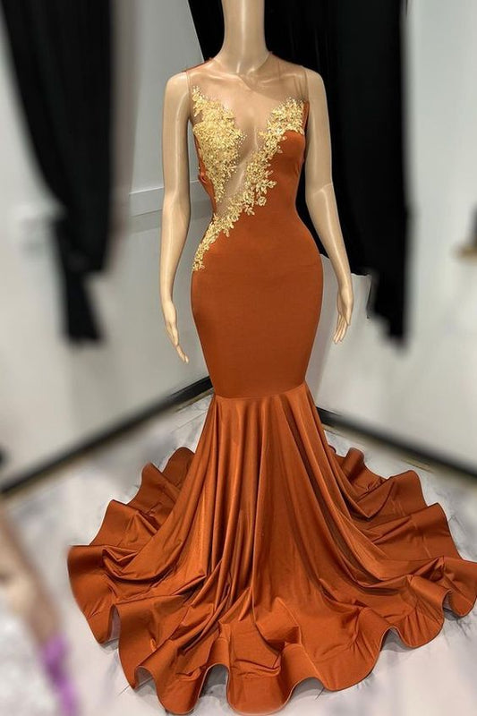 Vestidos de noche largos de sirena color naranja quemado para ocasiones especiales