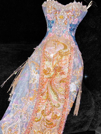 Vestido de noche elegante de corte sirena con escote corazón, bordado de lentejuelas y cuentas, TP4210