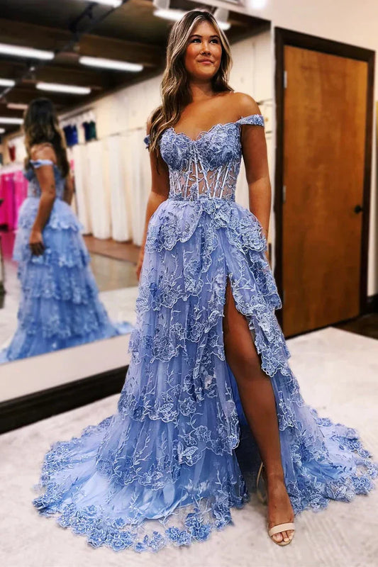 Hermoso vestido de fiesta largo con hombros descubiertos, apliques de tul negro y volantes, vestido de graduación DP517