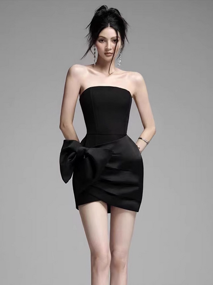 Elegant Black Strapless Bow Design A-line Satin Party Dress Homecoming Dress TP3822