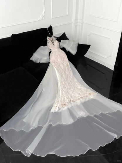 Elegante vestido de novia de sirena con apliques color marfil, vestido de fiesta, vestido de noche TP4222