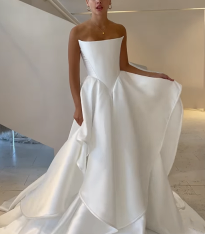 shopuniqlos-White satin off-the-shoulder long floor-length wedding dress prom dress gh5394