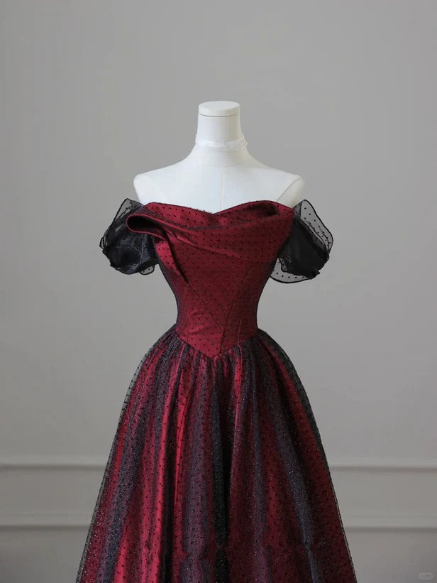 Black and Red Tulle Prom Dresses Long A-line Off Shoulder Wedding Party Gown Birthday