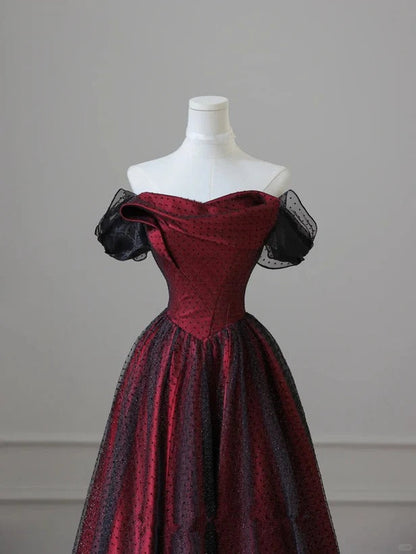 Black and Red Tulle Prom Dresses Long A-line Off Shoulder Wedding Party Gown Birthday