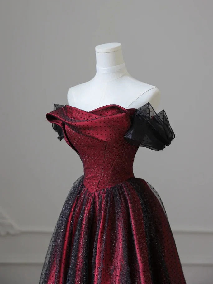 Black and Red Tulle Prom Dresses Long A-line Off Shoulder Wedding Party Gown Birthday