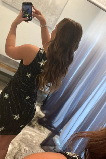 Fashion Black Sequin Star Pattern Design One-shoulder Bodycon Homecoming Dress TP3763