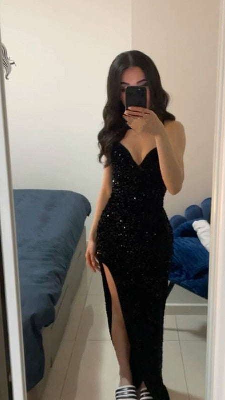 Vestido de fiesta de lentejuelas negras Vestido de noche largo Mujer Elegante