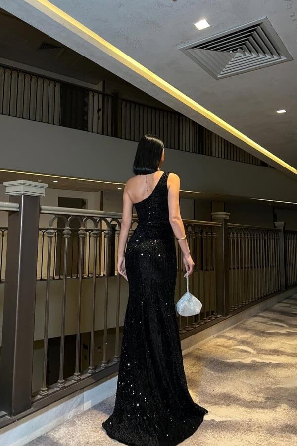 Fancy Black Sequined Maxi Dresses One Shoulder Split Prom Dress