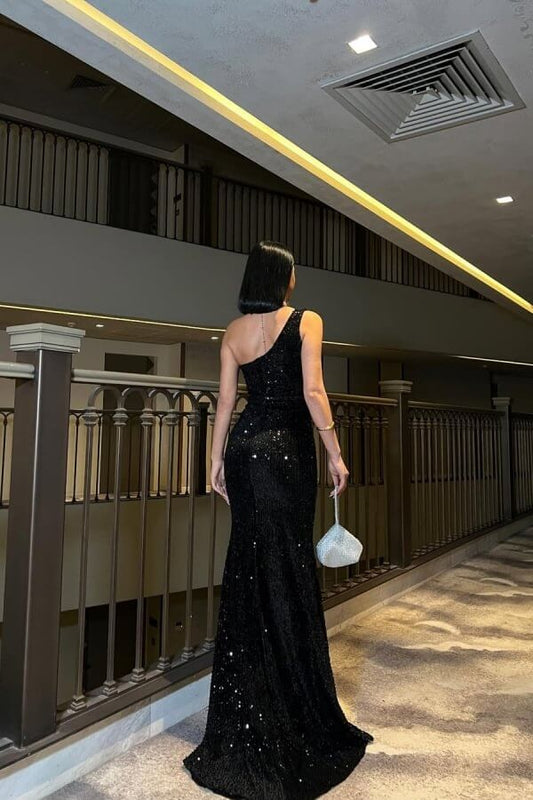 Fancy Black Sequined Maxi Dresses One Shoulder Split Prom Dress