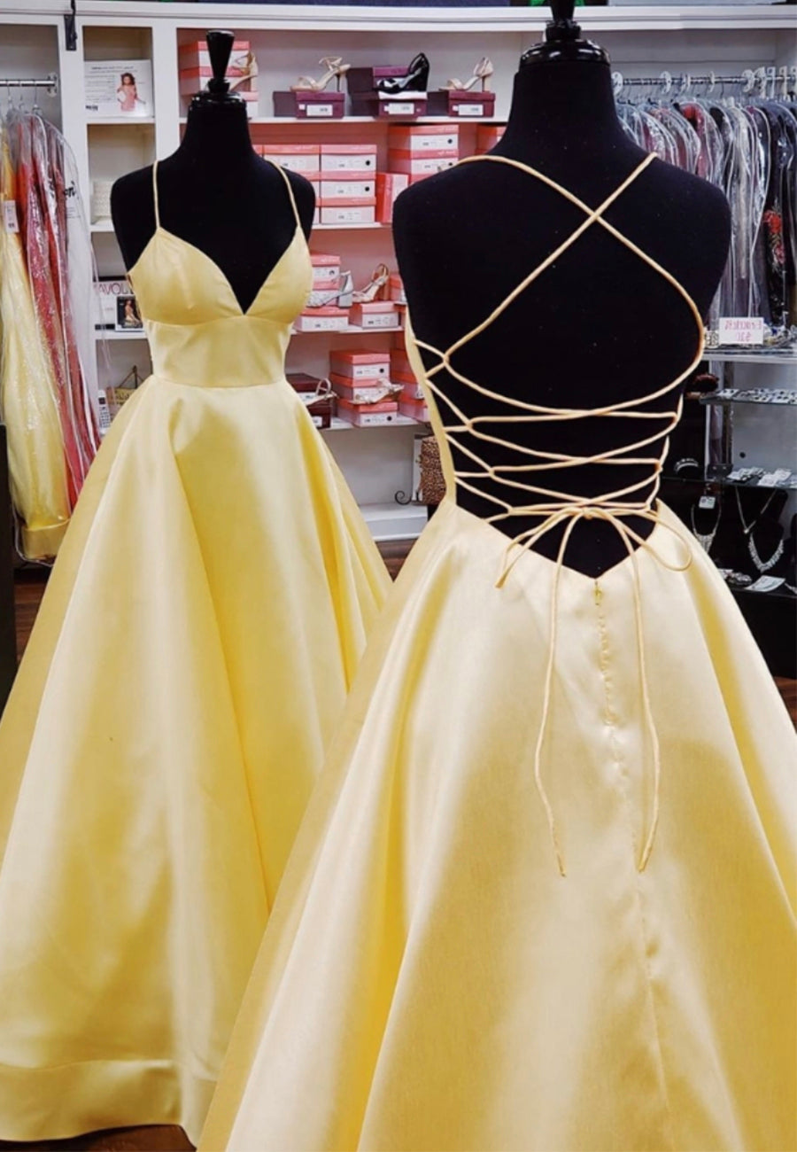 Vestidos de fiesta largos de satén amarillo, vestido elegante sencillo de corte A con clase
