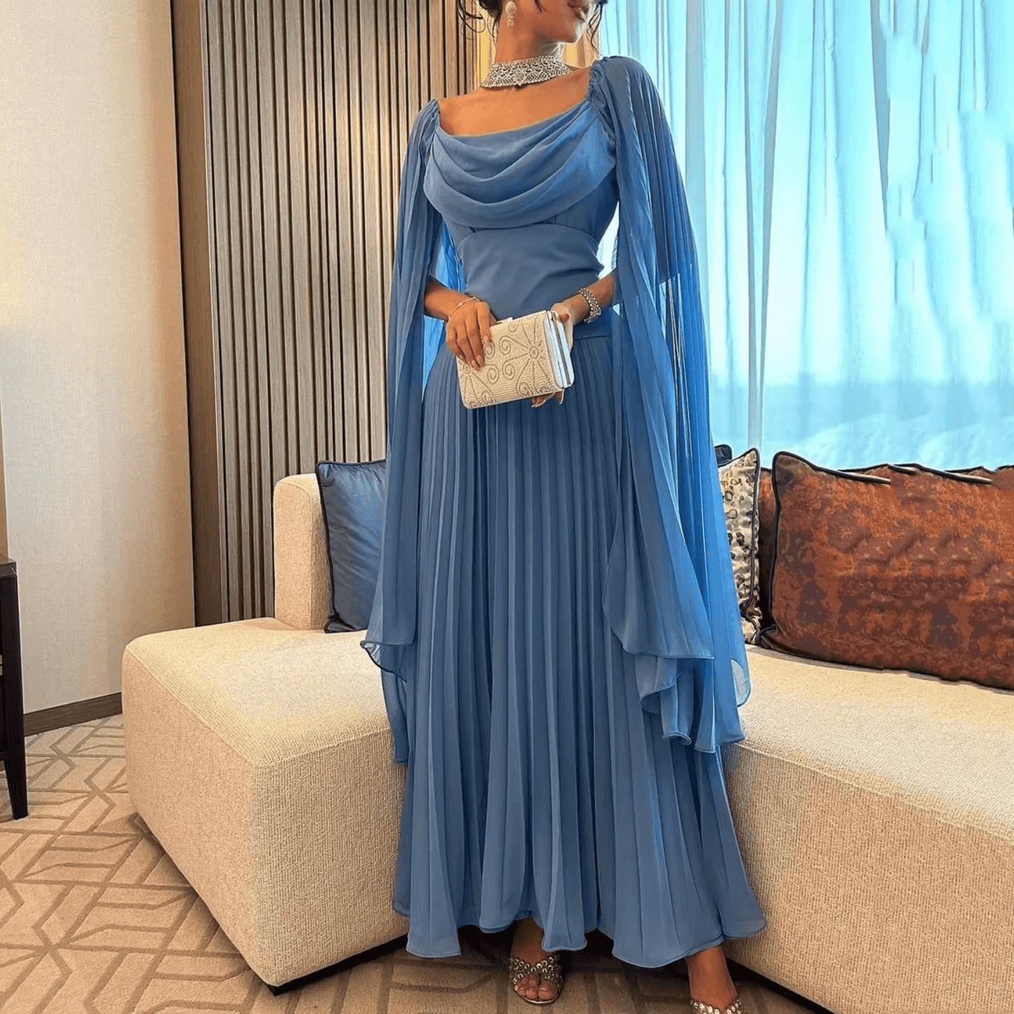 Elegantes vestidos de fiesta de gasa azul, vestido de fiesta de corte A hasta el tobillo