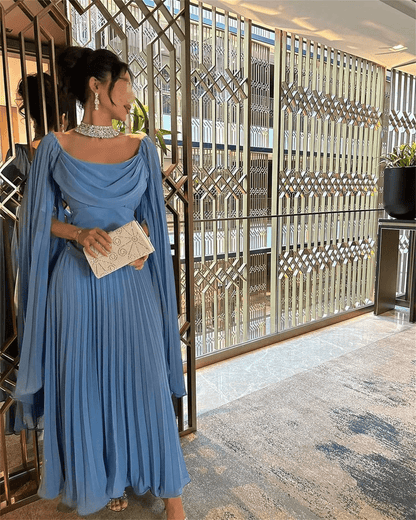 Elegantes vestidos de fiesta de gasa azul, vestido de fiesta de corte A hasta el tobillo