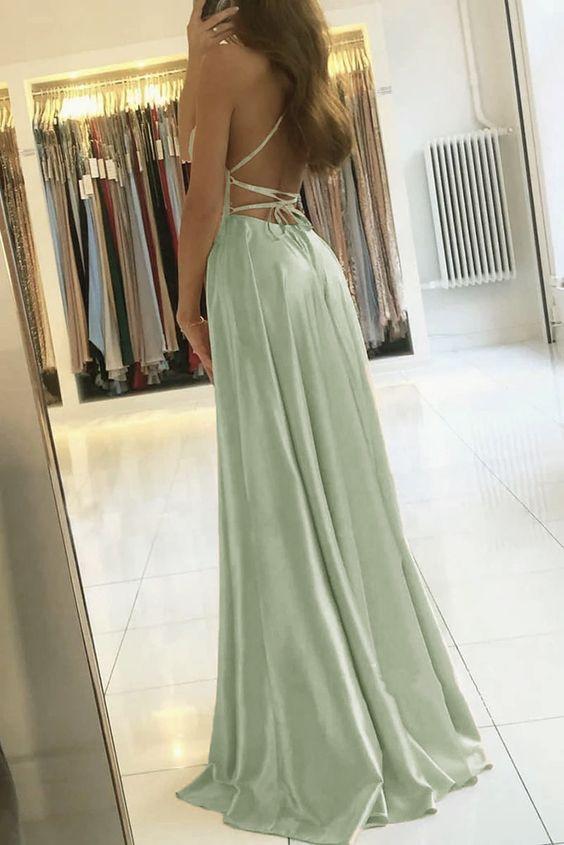 Simple A Line Long Prom Dresses With Slit, Backless Evening Dress GP296