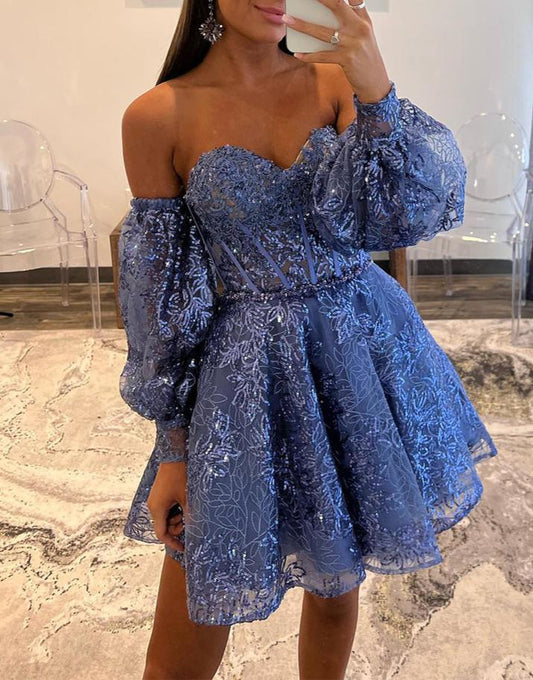 Vintage Sequin Appliqued Off-the-shoulder Design A-line Sweetheart Homecoming Dress TP3765
