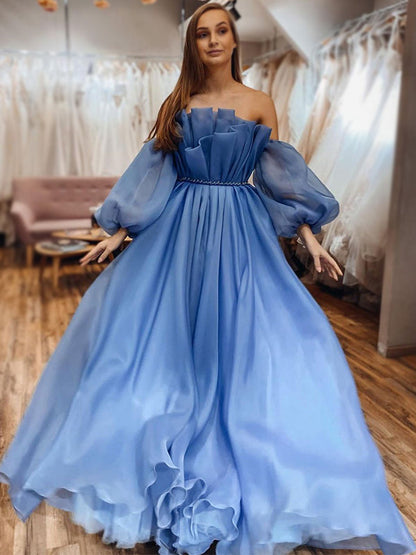 Elegant Blue Off-shoulder Bubble Sleeves A-line Ruffle Long Prom Dress, GP340