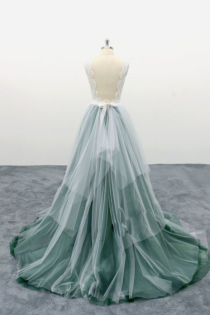 A Line Tulle Long Prom Dress, Backless Evening Dress With Lace Top MP703