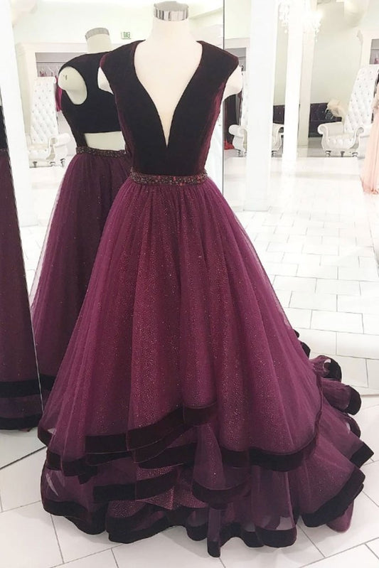 Elegant Grape Long Prom Dress V neck Tulle Formal Evening Gown MP700