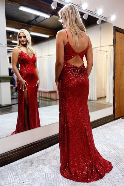 Red Sequin Spaghetti Straps Mermaid Long Formal Prom Dress with Slit    cg24884