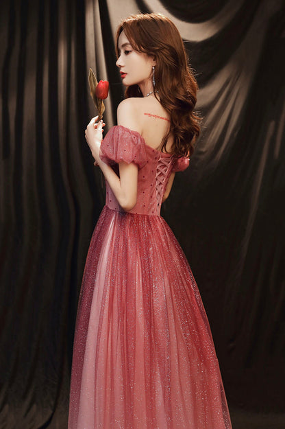 Burgundy Tulle with Beaded A-Line Party Dress, Off the Shoulder Evening Dress