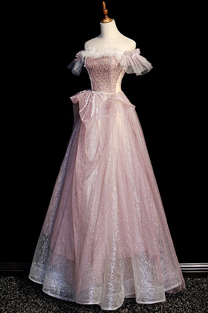 Pink Sequins Long A-Line Prom Dress, Off the Shoulder Evening Party Dress