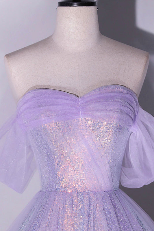 Purple Sequins Long A-Line Prom Dress, Off the Shoulder Evening Party Dress