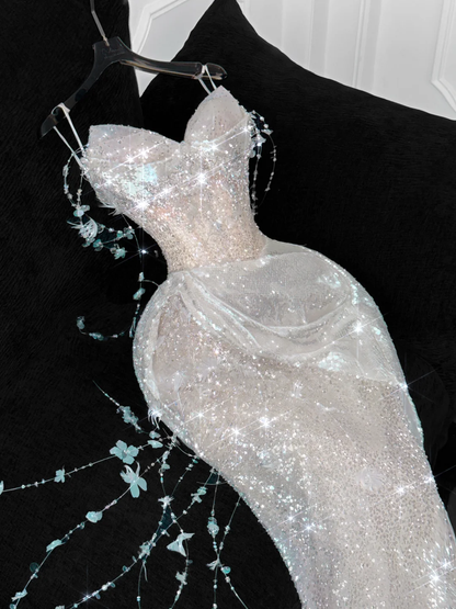 Hermoso vestido de noche elegante de gasa con escote corazón y lentejuelas color champán, estilo sirena, vestidos de fiesta TP4152