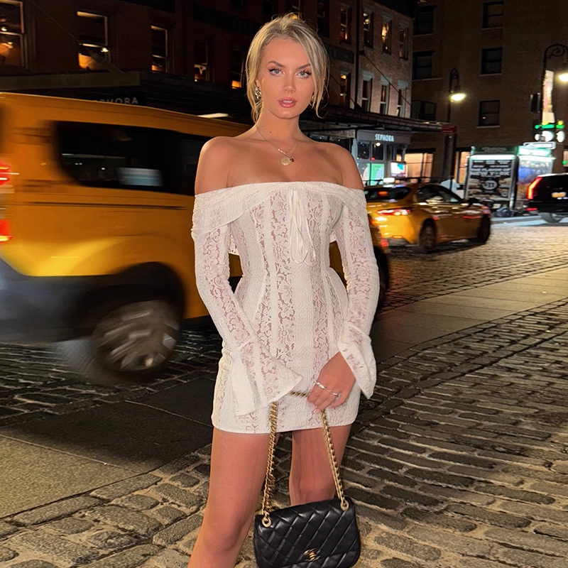 Vintage White Lace Off-the-shoulder Sheath Long-sleeved Short Summer Dresses Party Dress Homecoming Dress TP4363