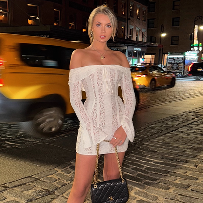 Vintage White Lace Off-the-shoulder Sheath Long-sleeved Short Summer Dresses Party Dress Homecoming Dress TP4363