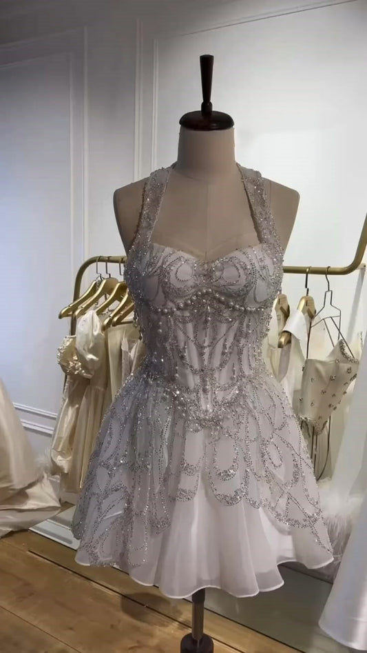__irlhomeshops__ Discount: 5% off orders over $100-Ivory White Beaded Sweet Short Tulle Homecoming Dress Prom Party Dress gh4979