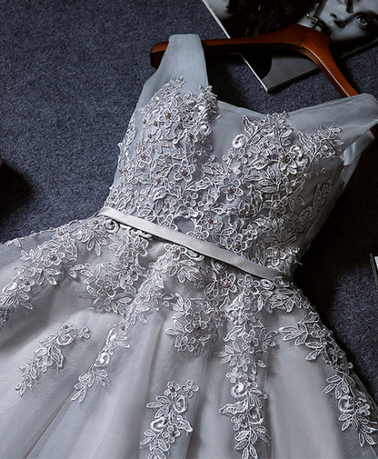 Vintage Gray Applique Design A-line Tulle Party Dress Homecoming Dress TP4067