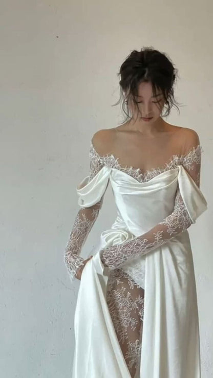 Gentle White A Line Long Sleeve Sequin Lace Satin Evening Dress Party Dress Wedding Dress SH3476