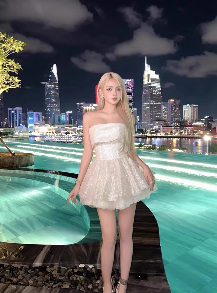 Cute Beige Sequin Ruffled Hem Design A-line Satin Strapless Party Dress Homecoming Dress TP3823