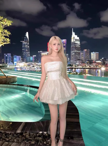 Cute Beige Sequin Ruffled Hem Design A-line Satin Strapless Party Dress Homecoming Dress TP3823