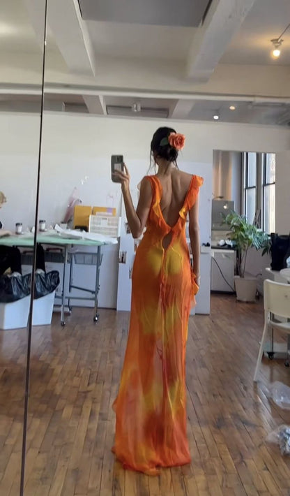 Orange Fashion Gradient Spaghetti Strap Long Ruffle Elegant Chiffon Ball Gown prom dress Evening Dress Holiday Party Dress gh3319