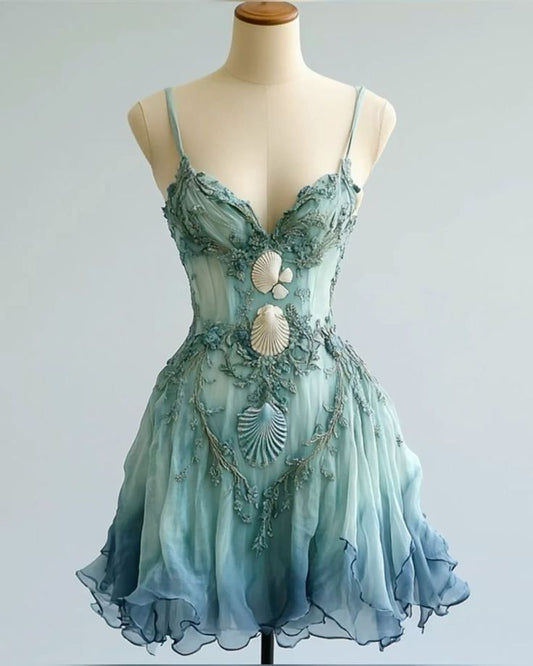Green Blue Gradient Fairy Ocean Shell Floral Short Chiffon Homecoming Dress gh4658
