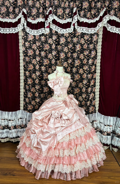 Vestido de quinceañera vintage de satén con encaje rosa y corte en A, con capas, para noche, TP4265