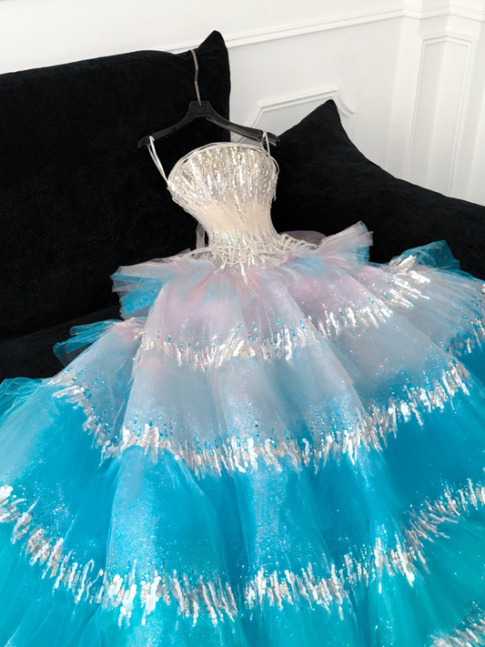 Gorgeous Sparkling Blue Sequin A-Line Elegant Chiffon Evening Dress Prom Dresses Ball Gown TP4155