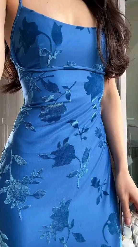 Vestidos de fiesta elegantes de sirena con tirantes finos y estampado floral azul, de satén, para invitadas de boda de verano, DP741