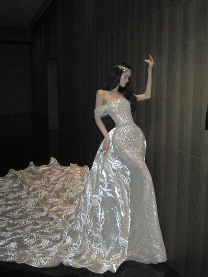 Romantic Exquisite White Mermaid Off the Shoulder Sequin Tulle Long Prom Dress Gown Dress SH3589