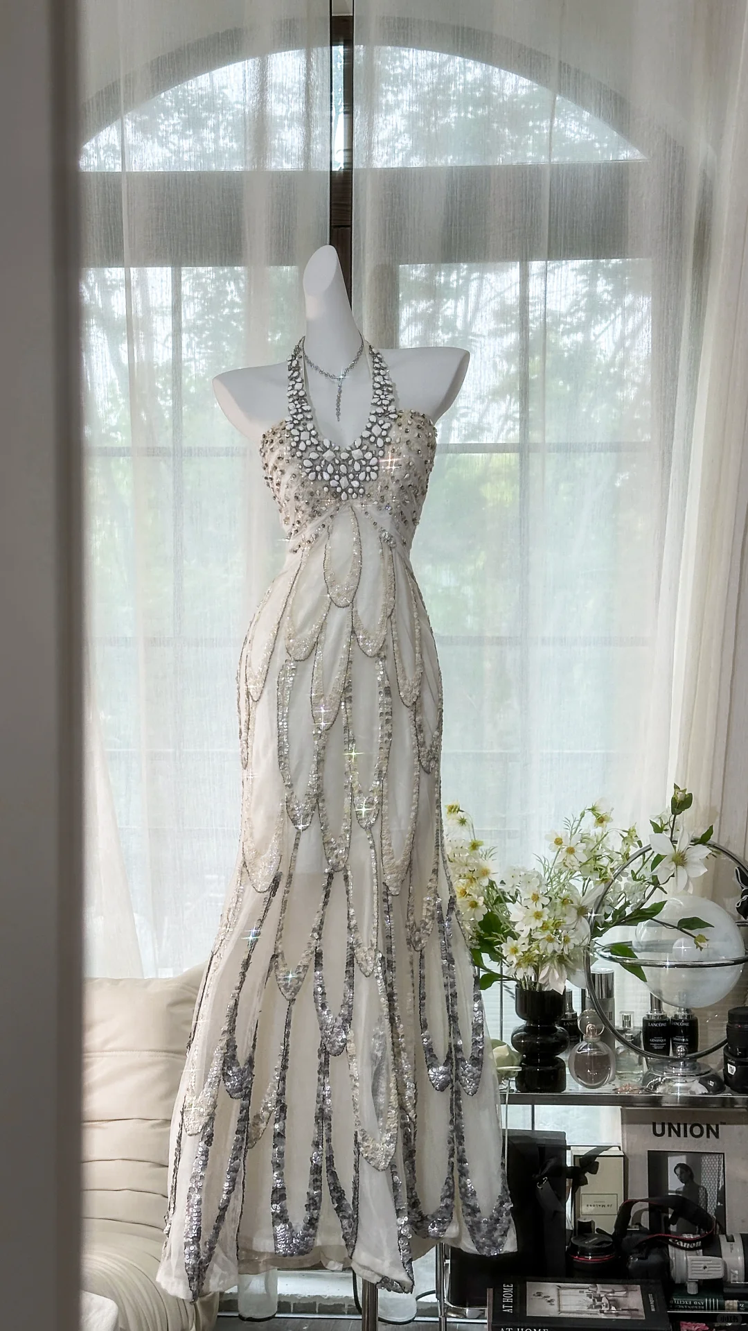 Vestido de noche romántico vintage blanco con cuentas brillantes, largo de gasa con tirantes finos, vestido de fiesta TP3963