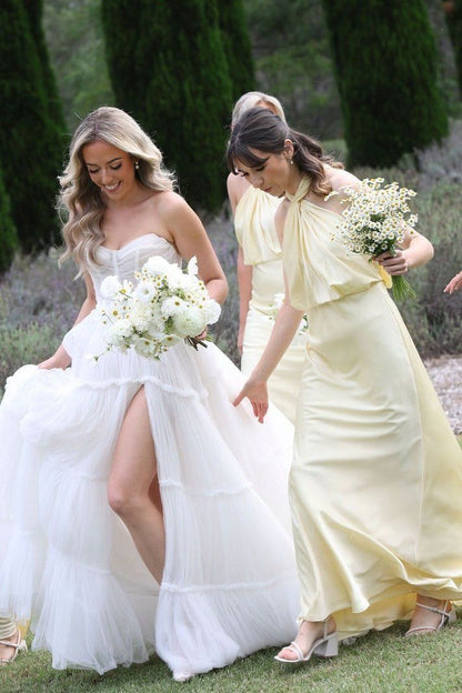 Yellow A Line Halter Satin Open Back Long Prom Dress Bridesmaid Dress SH2614