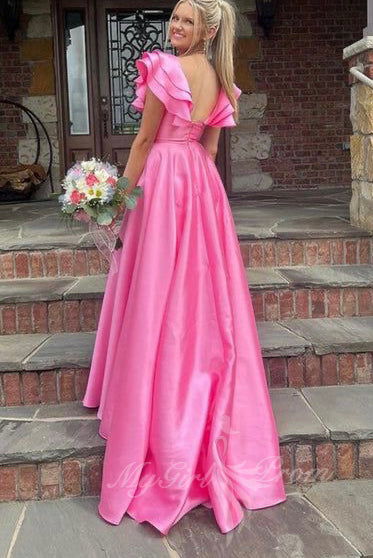 Ruffles V-neck Satin Hot Pink Prom Dress, A-line Slit Graduation Gowns GP581