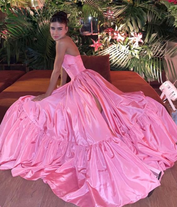 Vestido de fiesta rosa con abertura en la pierna, vestidos de fiesta elegantes y sexys para mujer