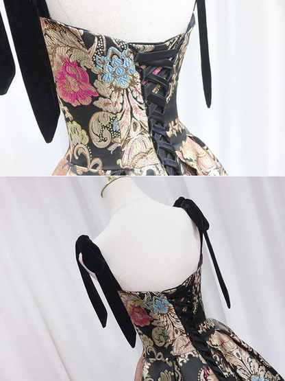 Vintage Floral Applique Spaghetti Strap Design A-line Satin Party Dress Homecoming Dress TP4074