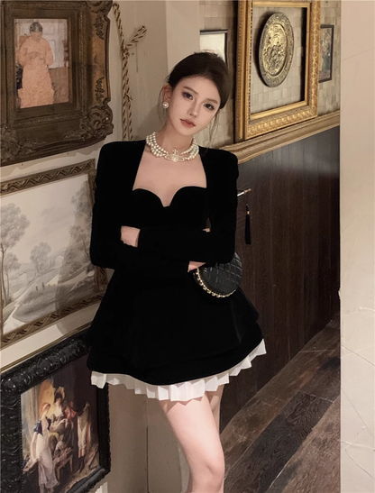 Vestido de fiesta vintage negro con escote en forma de A y manga larga TP3714