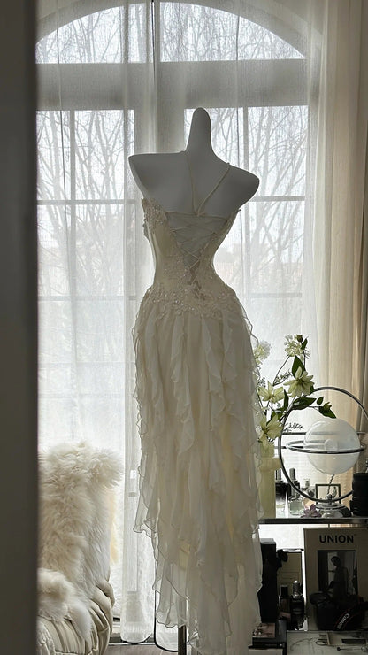 Ivory White Romantic Elegant Exquisite Beaded Backless Long Chiffon Ruffle Homecoming Dress Prom Dress Evening Dress Birthday Holiday Party Dress gh4009
