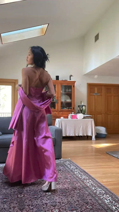 Vestido de fiesta largo fucsia con tirantes finos, satén, corte A y cuentas, para dama de honor, DP488