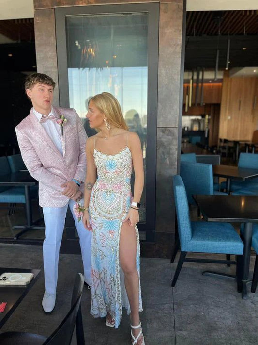 White gorgeous shiny exquisite beaded spaghetti strap sequined backless long chiffon ball gown prom dress evening gown holiday party dress gh2799